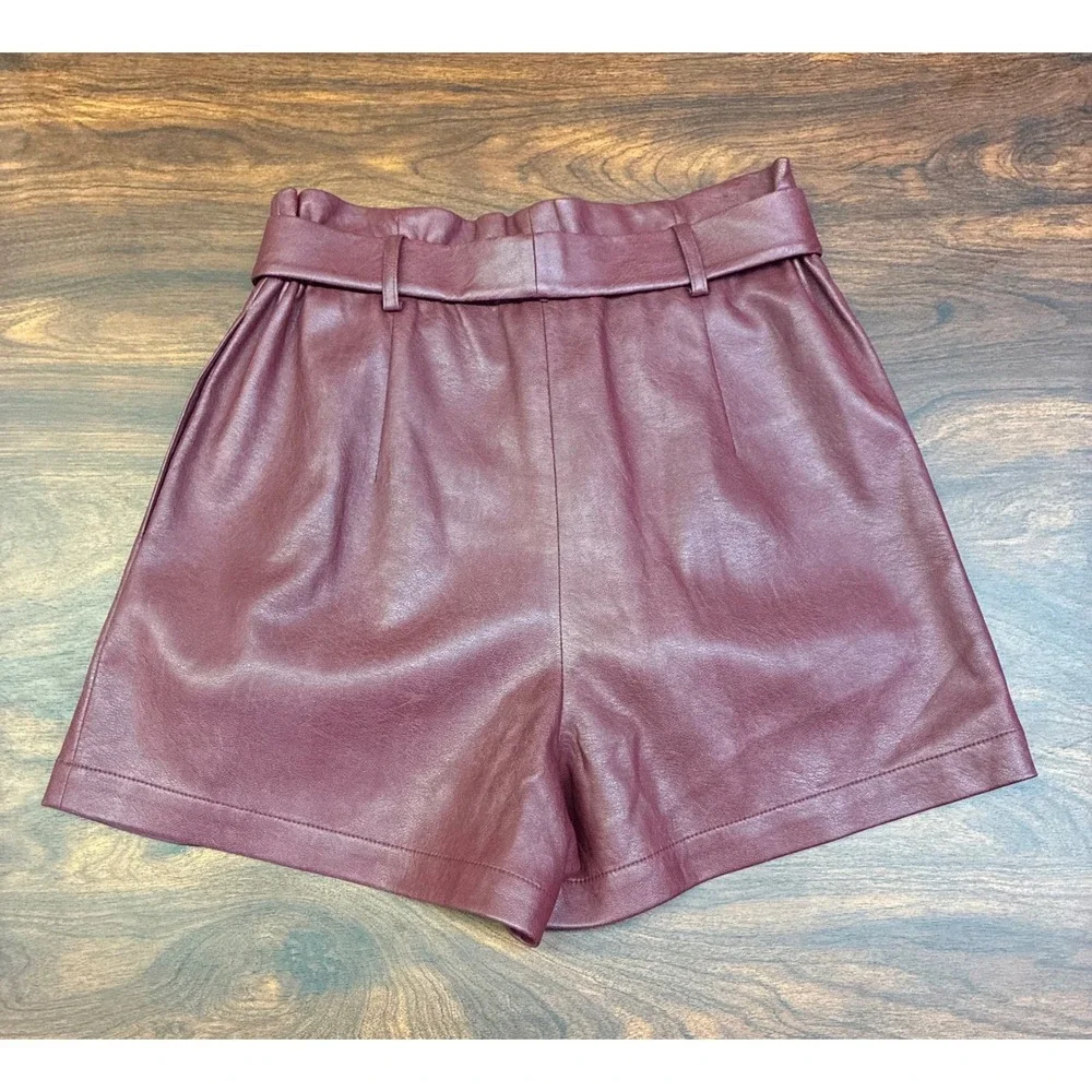 BCBGMAXAZRIA Faux Leather Shorts Womens Small Deep Red NWT Paperbag Waist Belted